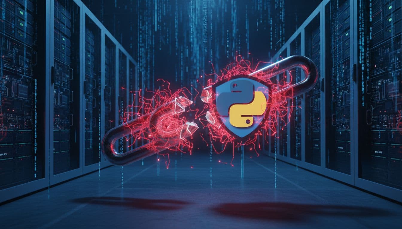 Broken supply chain link with malware glowing red infecting a Python package icon, on a digital server background with code streams, dramatic shadows, and blue-red lighting contrast.