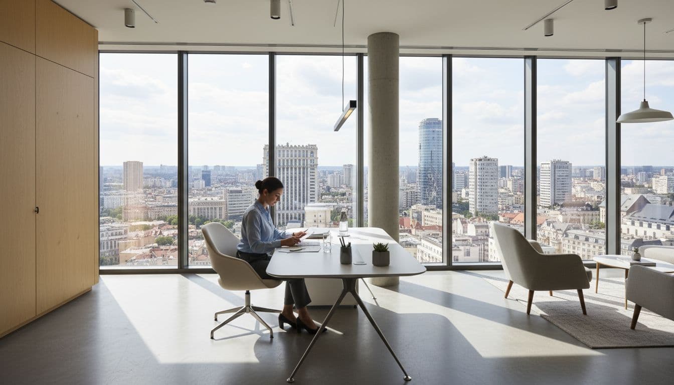 A professional reviews documents at a desk in a sleek modern office in Bucharest, Romania, featuring a city skyline through the window with natural daylight.