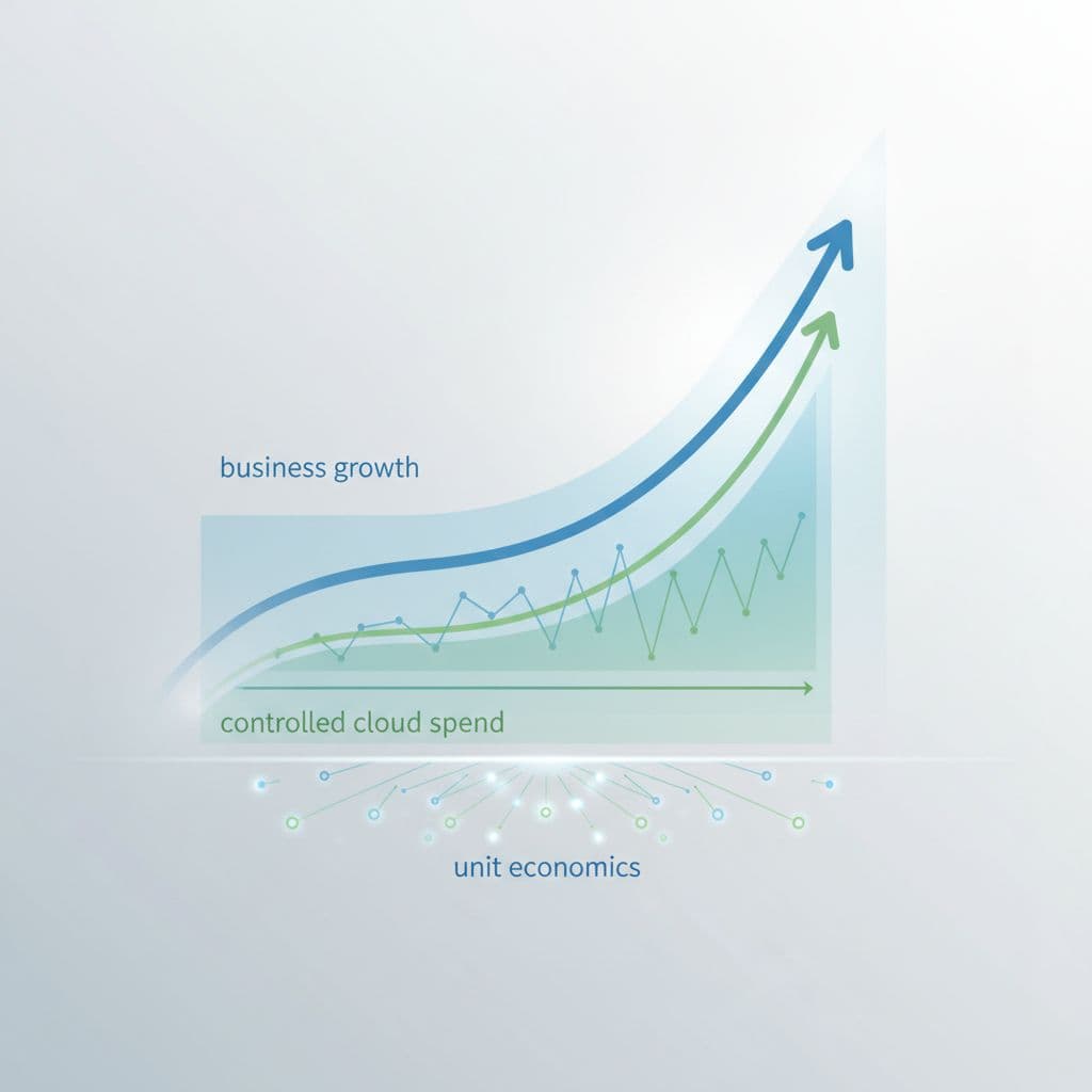 An elegant line graph displays a rising trajectory for business growth alongside a controlled cloud spend line, rendered in soft blue and green tones against a clean, minimalist professional backdrop.