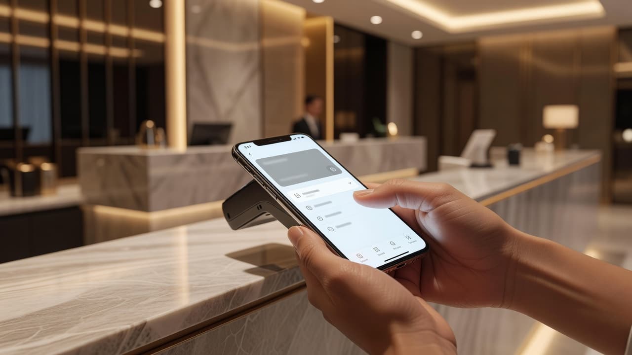 A close-up view of hands holding a smartphone over a polished stone hotel counter. The device displays a digital payment interface, signaling a quick, cashless transaction during a corporate business trip.