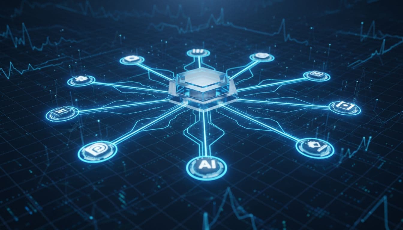 Central hub gateway connecting multiple AI model provider nodes in a network graph, glowing connections in modern tech style with blue tones, simple clean composition.