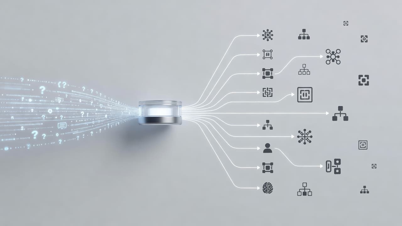 A central glowing hub receives multiple incoming data streams that branch out into distinct pathways. These paths connect to various geometric symbols arranged against a clean, minimalist professional office background.