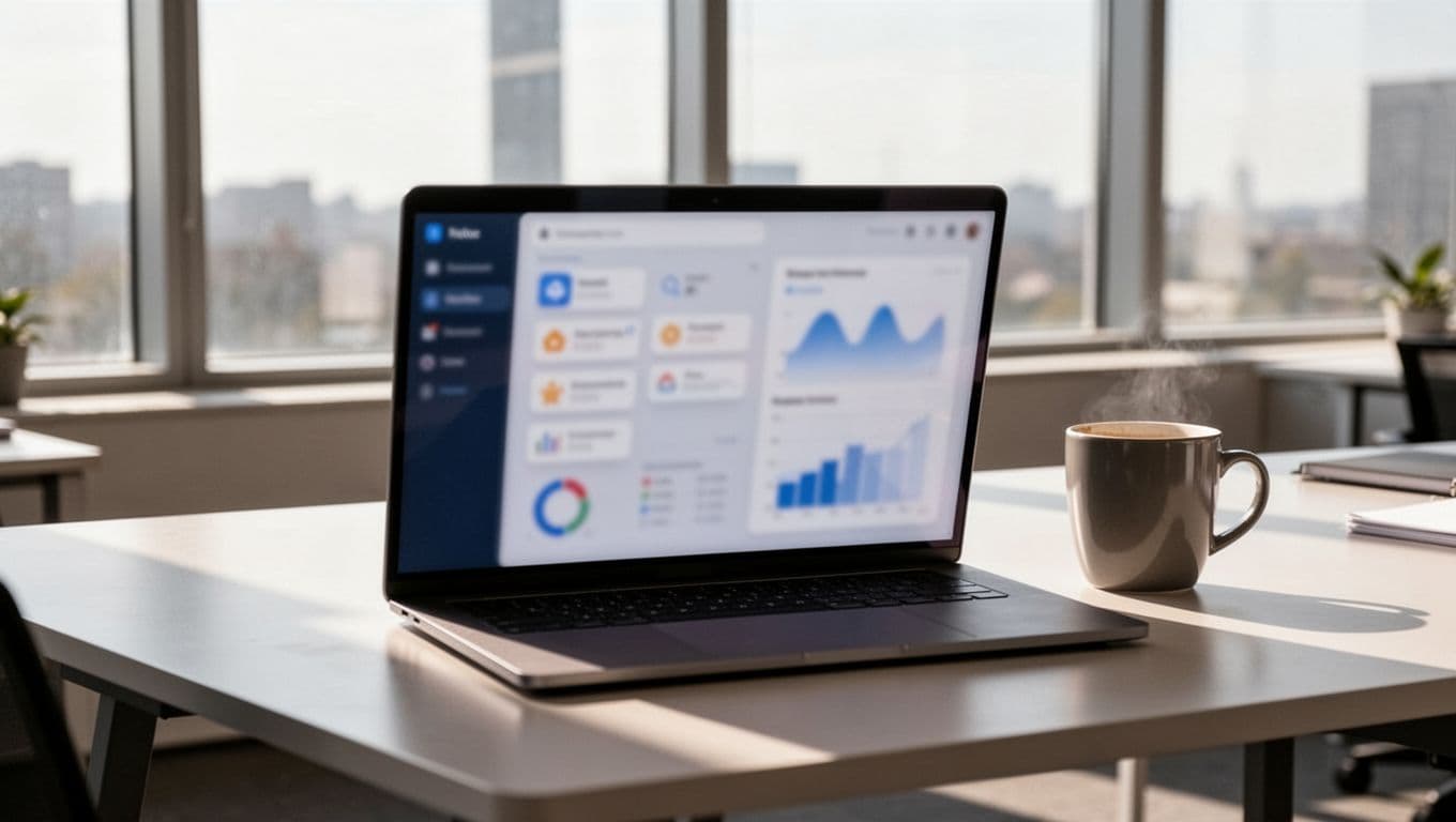 A laptop on a modern desk displays a blurred chargeback alert dashboard featuring notification icons and graphs, with a coffee cup beside it under bright office window light.