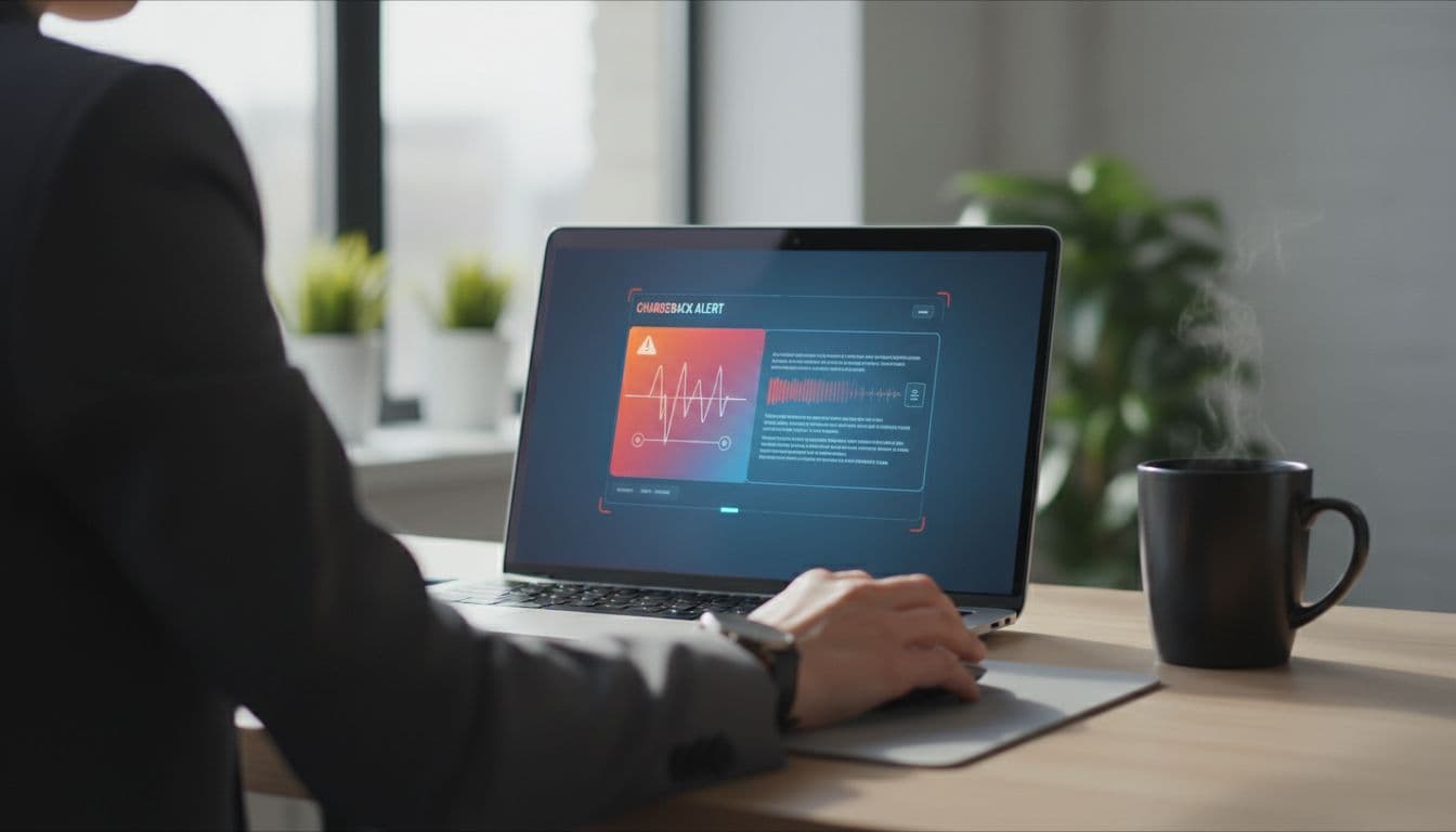 Modern office desk with laptop displaying chargeback alert notification glow, coffee mug nearby, natural light, hand on mouse, one person partially visible from behind, professional workspace atmosphere.