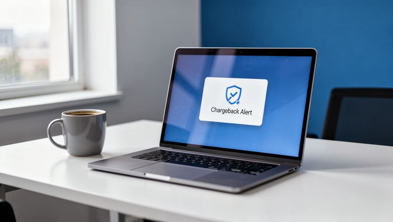 A modern office desk scene with a laptop screen showing a chargeback alert notification and a coffee mug nearby, in clean minimalist blue and white tones with soft natural light.