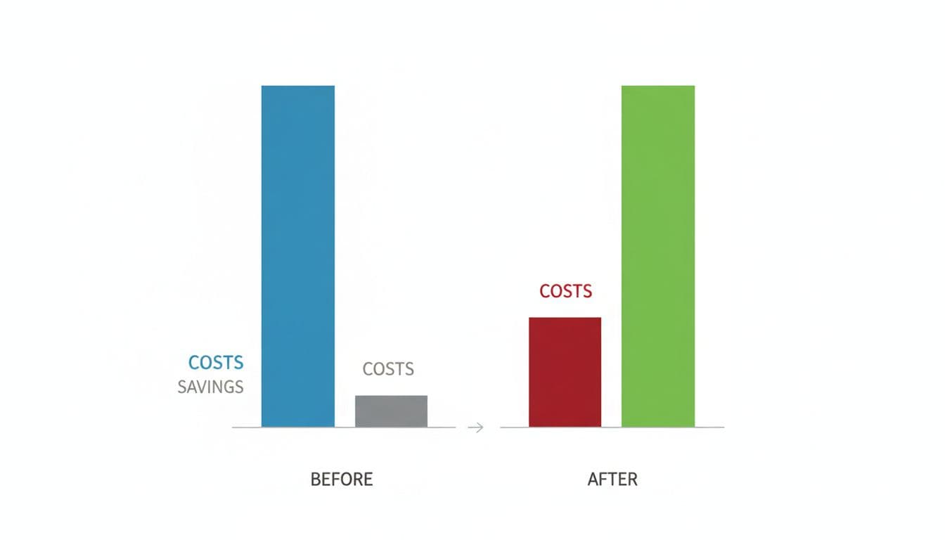 Simple bar chart illustrating chargeback alert ROI calculation with before and after bars for costs and savings, white background, professional infographic style, minimalistic design, no text labels.