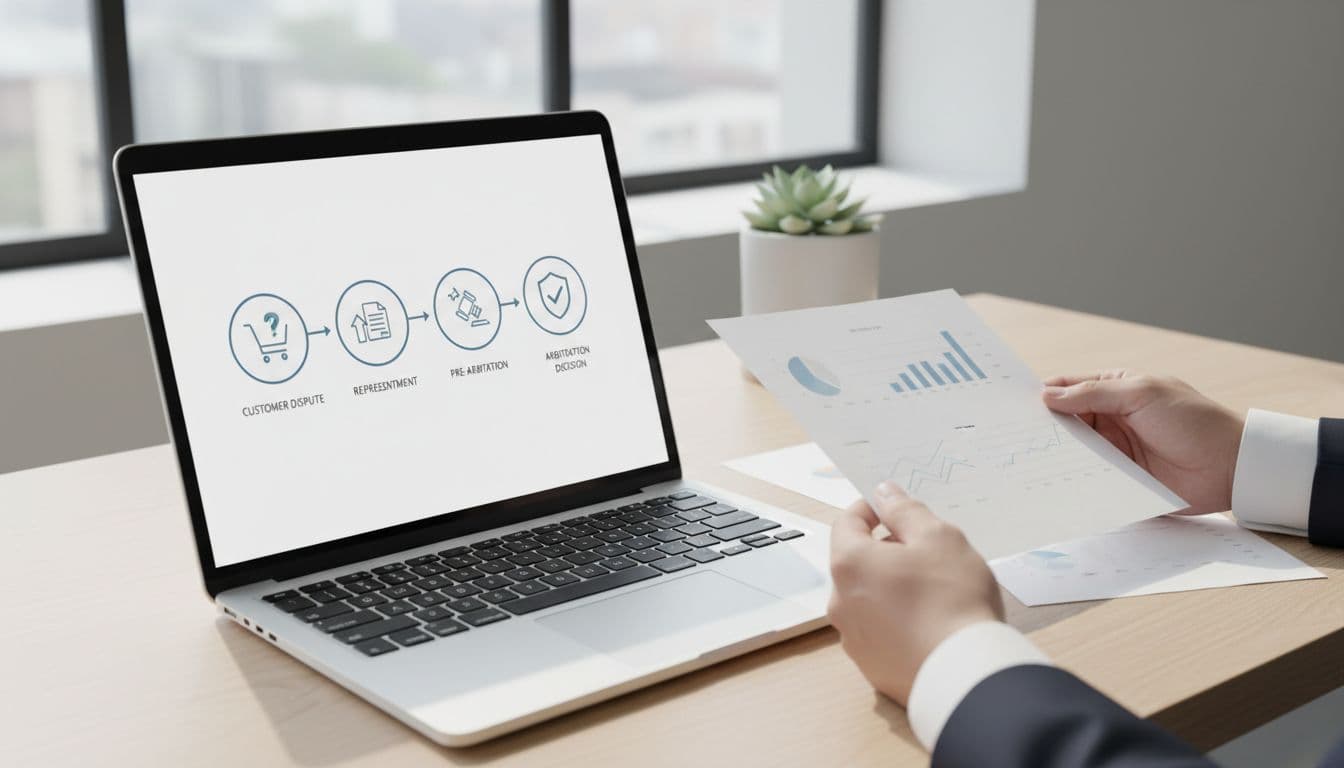 Simple flowchart on a merchant's office desk illustrating chargeback arbitration: customer dispute, representment, pre-arbitration, arbitration decision. Laptop shows step icons, papers nearby in professional workspace with natural light.