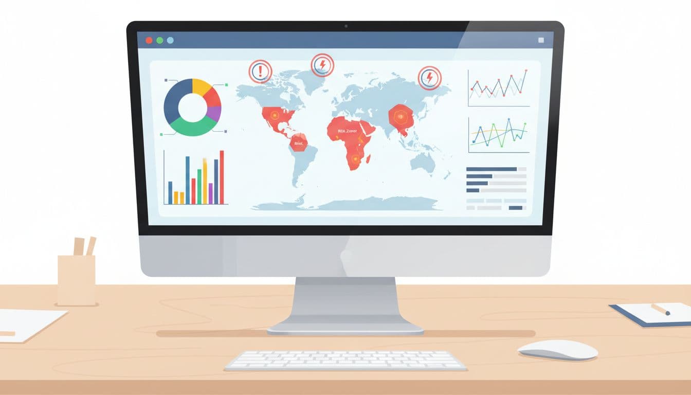 Top view of office desk with monitor showing colorful charts, graphs, world map with risk zones, and alert icons; keyboard and mouse nearby.