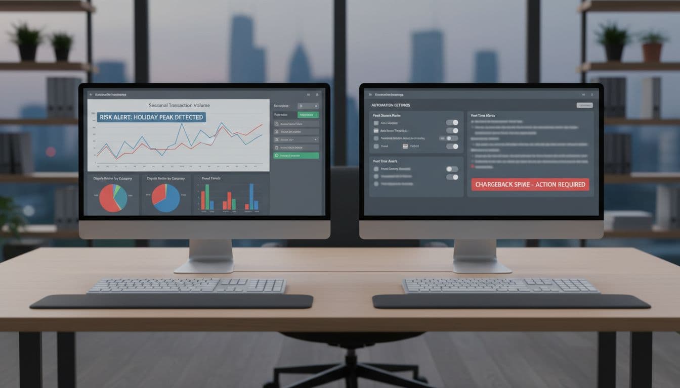 Two side-by-side monitors in a quiet office display blurred chargeback dashboards with alerts and graphs; empty keyboards rest in front.