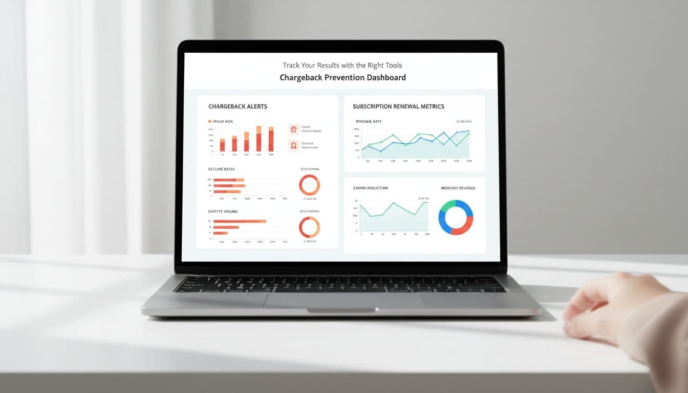 Laptop centered on desk displays clean dashboard with chargeback alerts and subscription graphs; hand rests nearby.