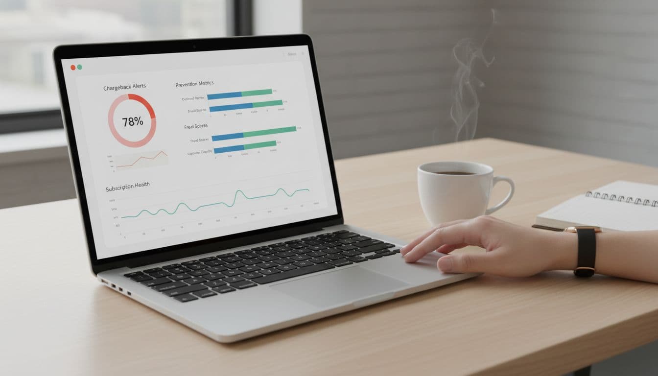 Laptop screen displays chargeback alerts and prevention metrics on a desk with coffee cup, notebook, and one hand near keyboard.