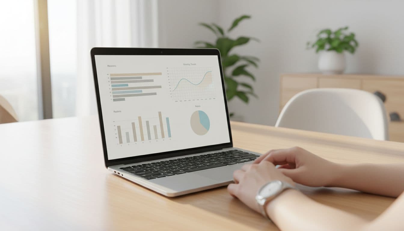 Laptop screen in modern office displays chargeback charts: bar graph, line chart, pie chart; hands rest nearby.