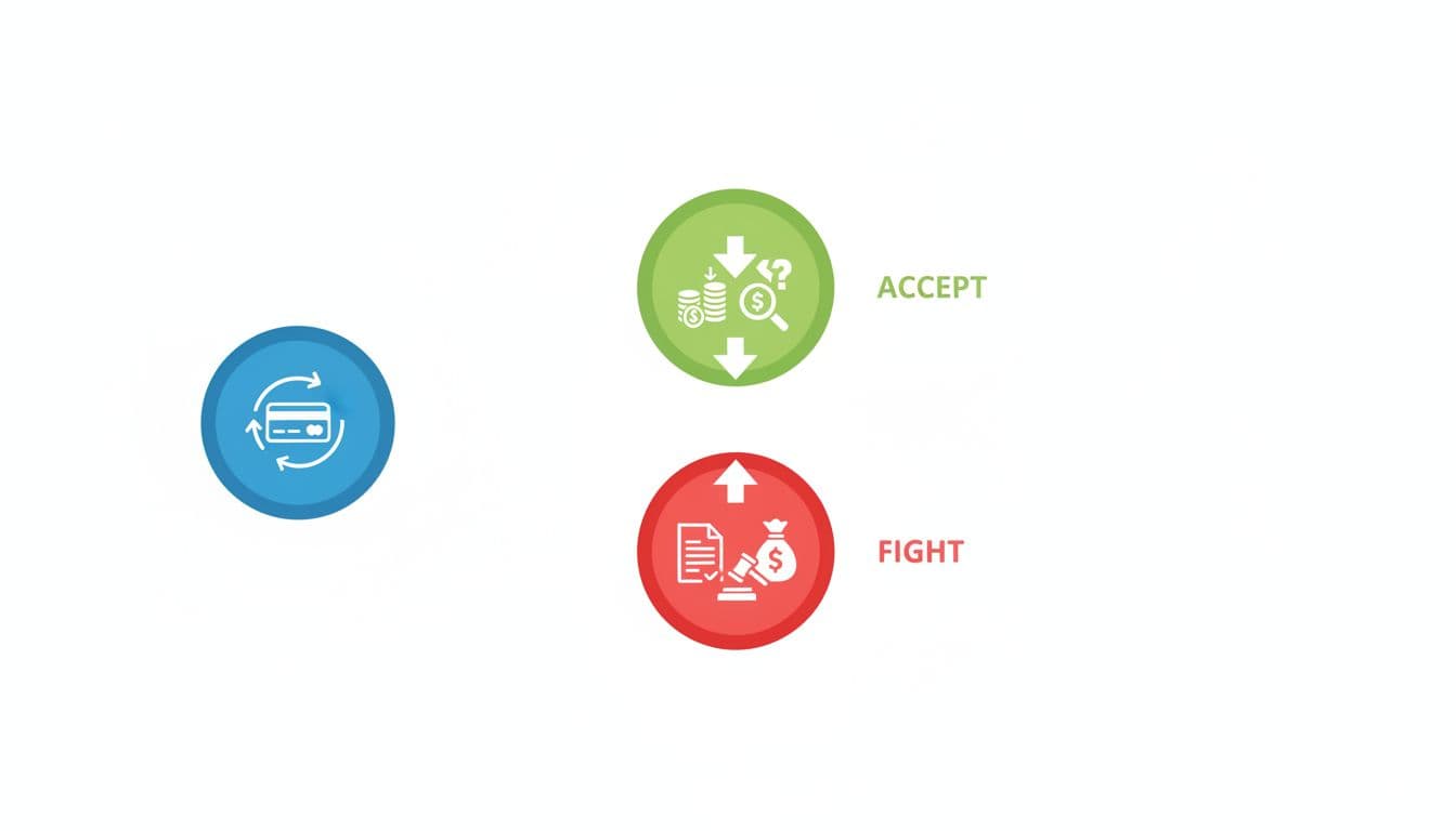 Clean vector infographic flowchart for chargeback decisions, starting with dispute icon branching to accept for low value/weak evidence or fight for high value/strong proof, using symbolic icons like documents, money, and gavel on white background with bright flat colors.