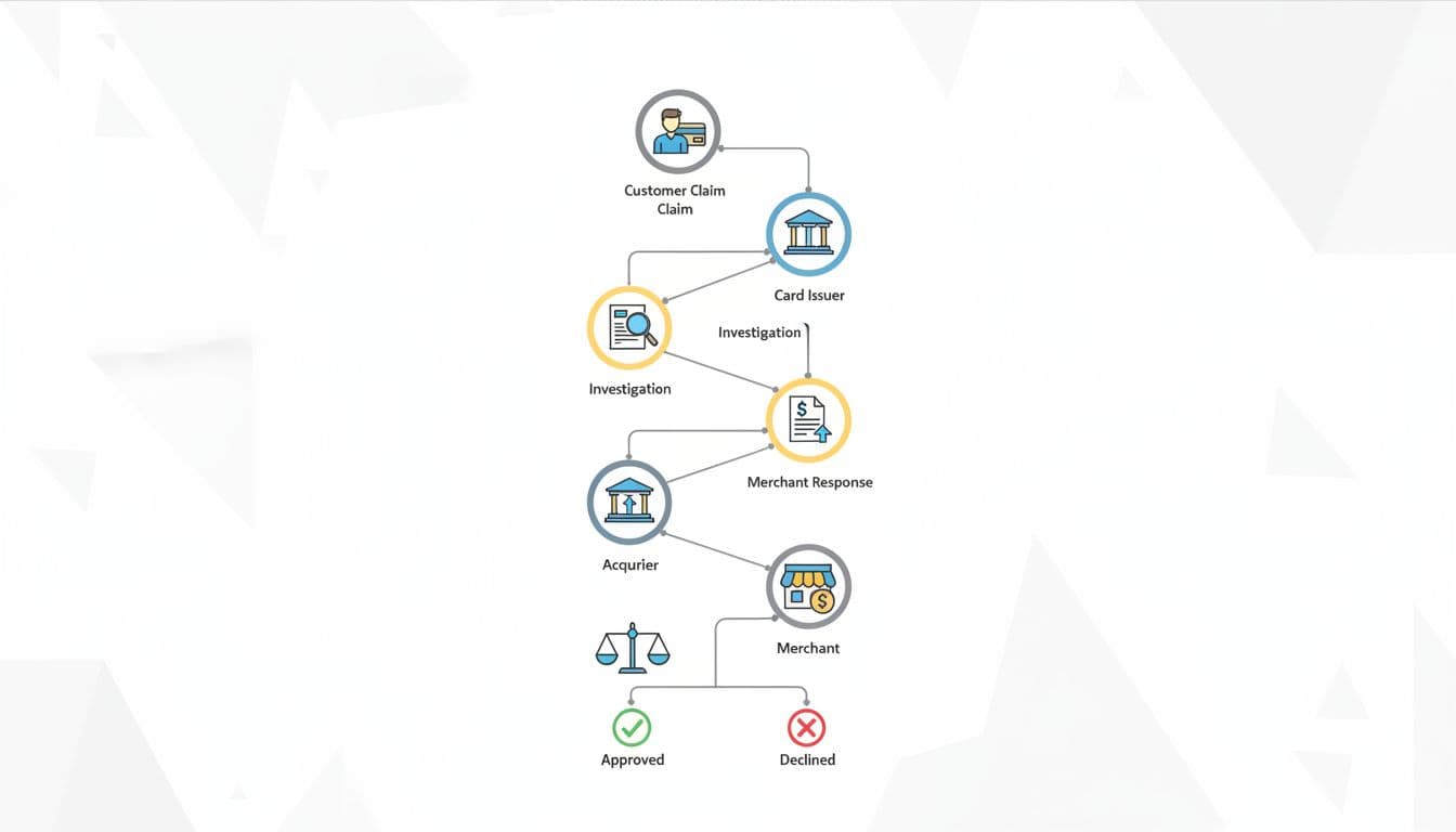 Visual flowchart diagram of chargeback dispute process steps from customer claim to merchant response and decision, using clean icons for stages like card issuer, merchant, and acquirer with simple line connections in a professional infographic style.