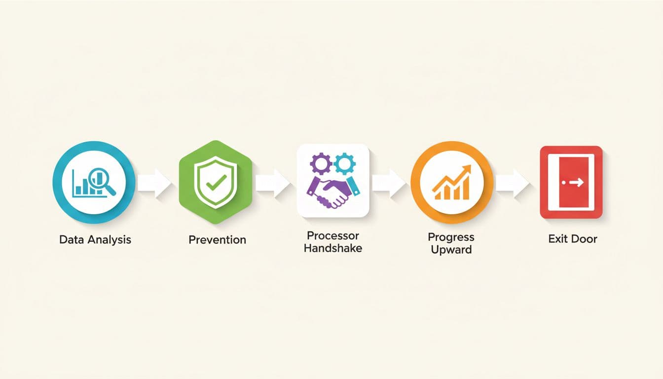 Horizontal icons of data chart, prevention shield, processor handshake, upward graph, and exit door on light background.