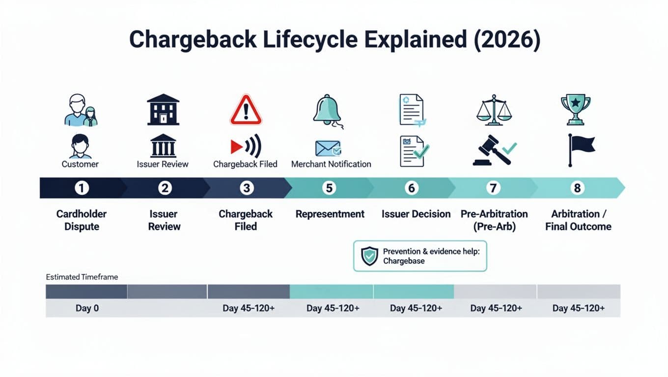 Clean, modern horizontal infographic timeline chart detailing the 8 stages of the chargeback lifecycle, from Cardholder Dispute to Arbitration, with minimal icons, timeframes, and a prevention callout for Chargebase.