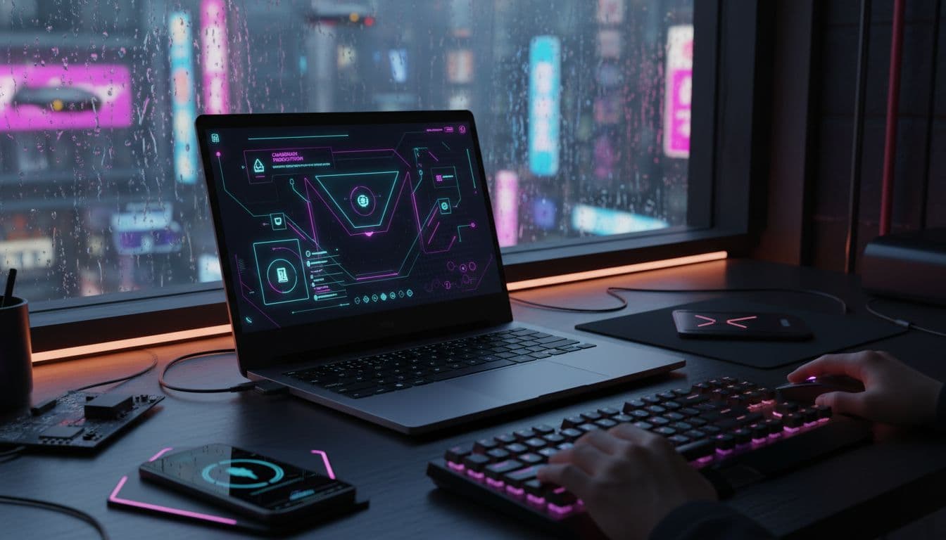 High-tech laptop dashboard showing chargeback prevention alerts and automation rules in dark mode with cyberpunk neon accents and subtle screen glow.