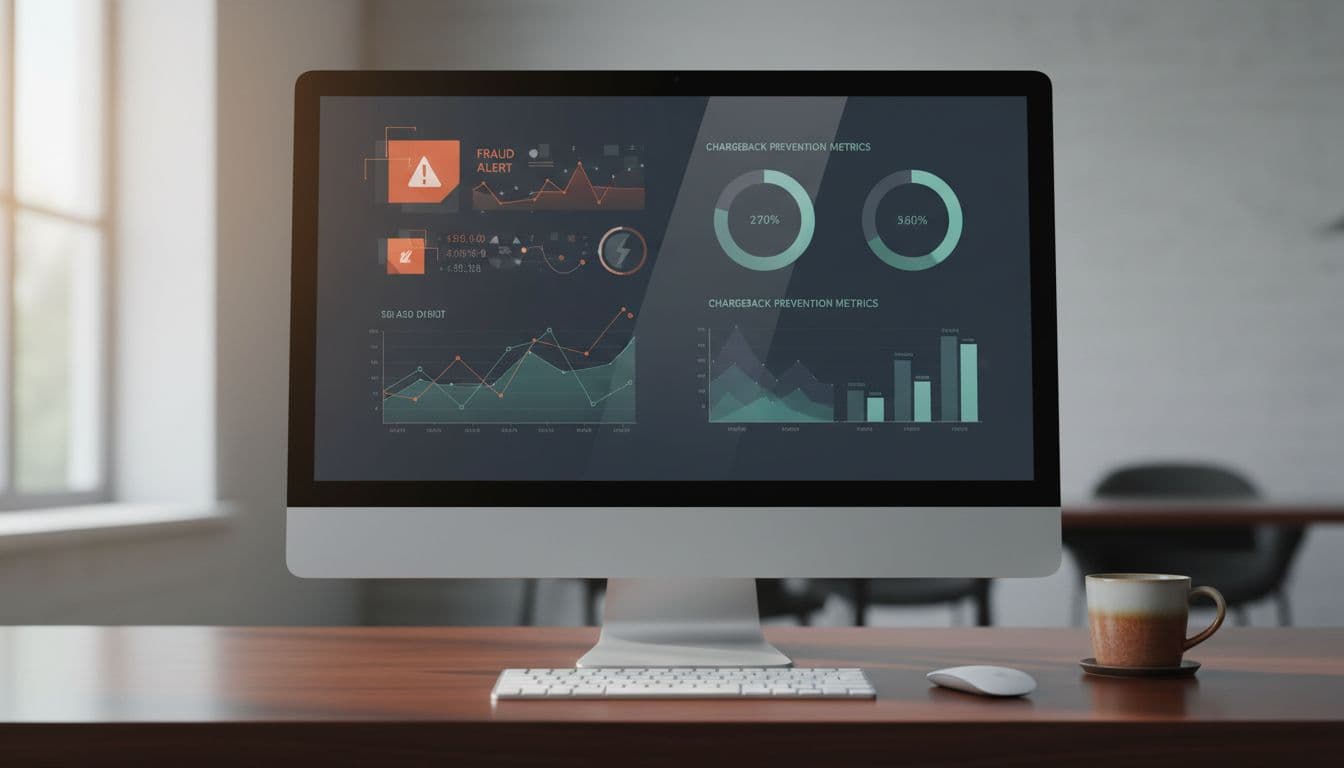 Business dashboard on a computer screen showing fraud alerts, chargeback prevention metrics, and charts with reduced disputes on a professional office desk with coffee mug, realistic style, soft lighting.