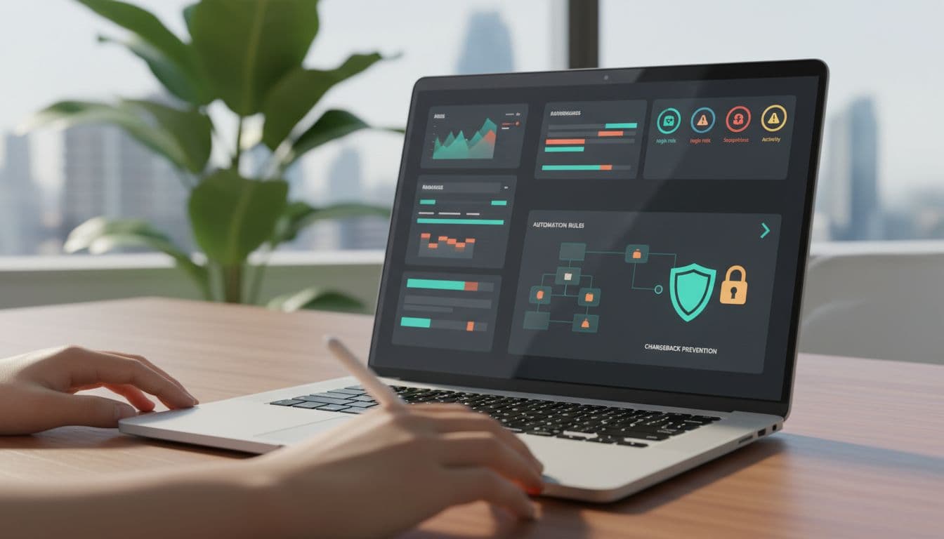 Secure dashboard interface with alert notifications and automation rules for chargeback prevention, shown on a laptop screen at an angle in an office setting with two hands resting nearby.