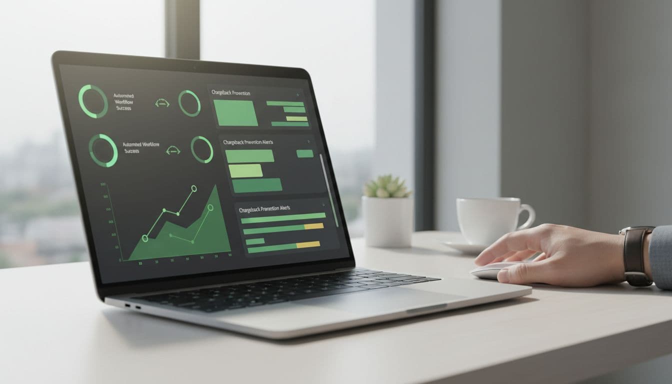 Clean dashboard on a laptop screen in a bright office showing chargeback prevention alerts and automated workflow graphs with green success indicators.