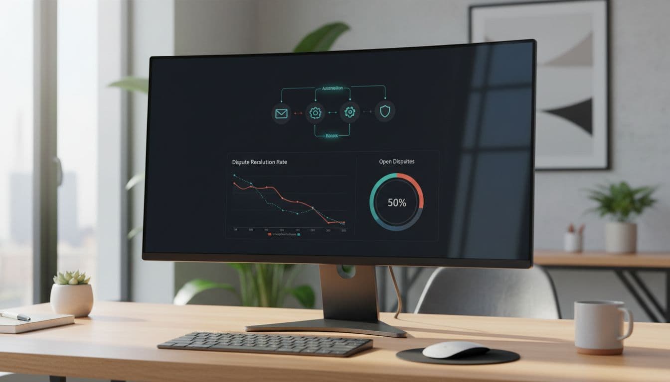 Office desk monitor displays ecommerce dashboard with chargeback alerts, workflow icons, and downward dispute graph.