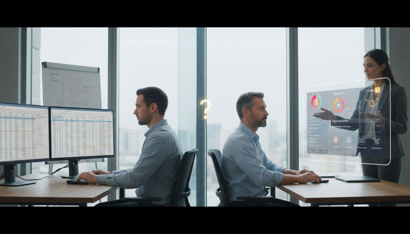 A merchant at a modern office desk compares chargeback prevention software dashboard with alerts on one side and an analyst reviewing data on computers on the other, in a split realistic composition.
