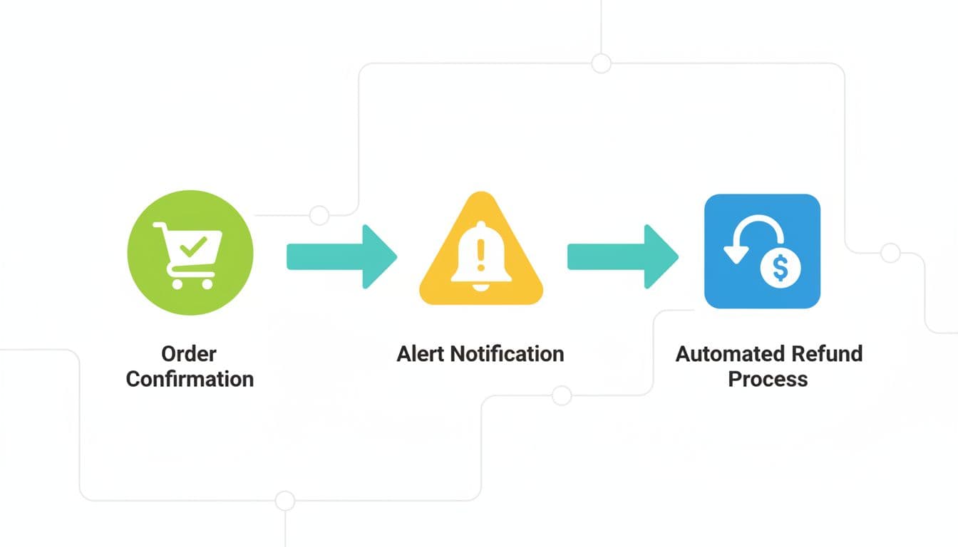Step-by-step workflow diagram elements for preventing chargebacks in an online store, featuring icons for order confirmation, alert notification, and automated refund process connected by arrows on a flowchart background in simple flat design with bright colors.