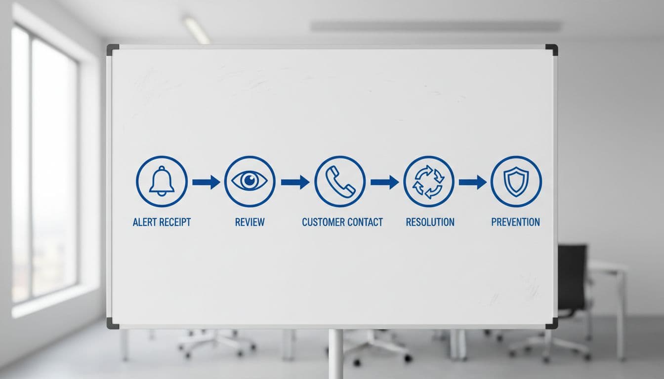 Visual flowchart diagram on a whiteboard depicting the chargeback prevention workflow steps: alert receipt, review, customer contact, and resolution, using simple icons like bell and phone.