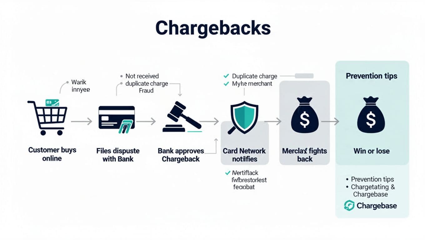 A clean, modern vector-style infographic depicting the chargeback process as a left-to-right flowchart from customer purchase to issuing bank review, card network routing, payment processor notification, and merchant resolution, with icons, reasons like not received or fraud, and prevention tips sidebar.