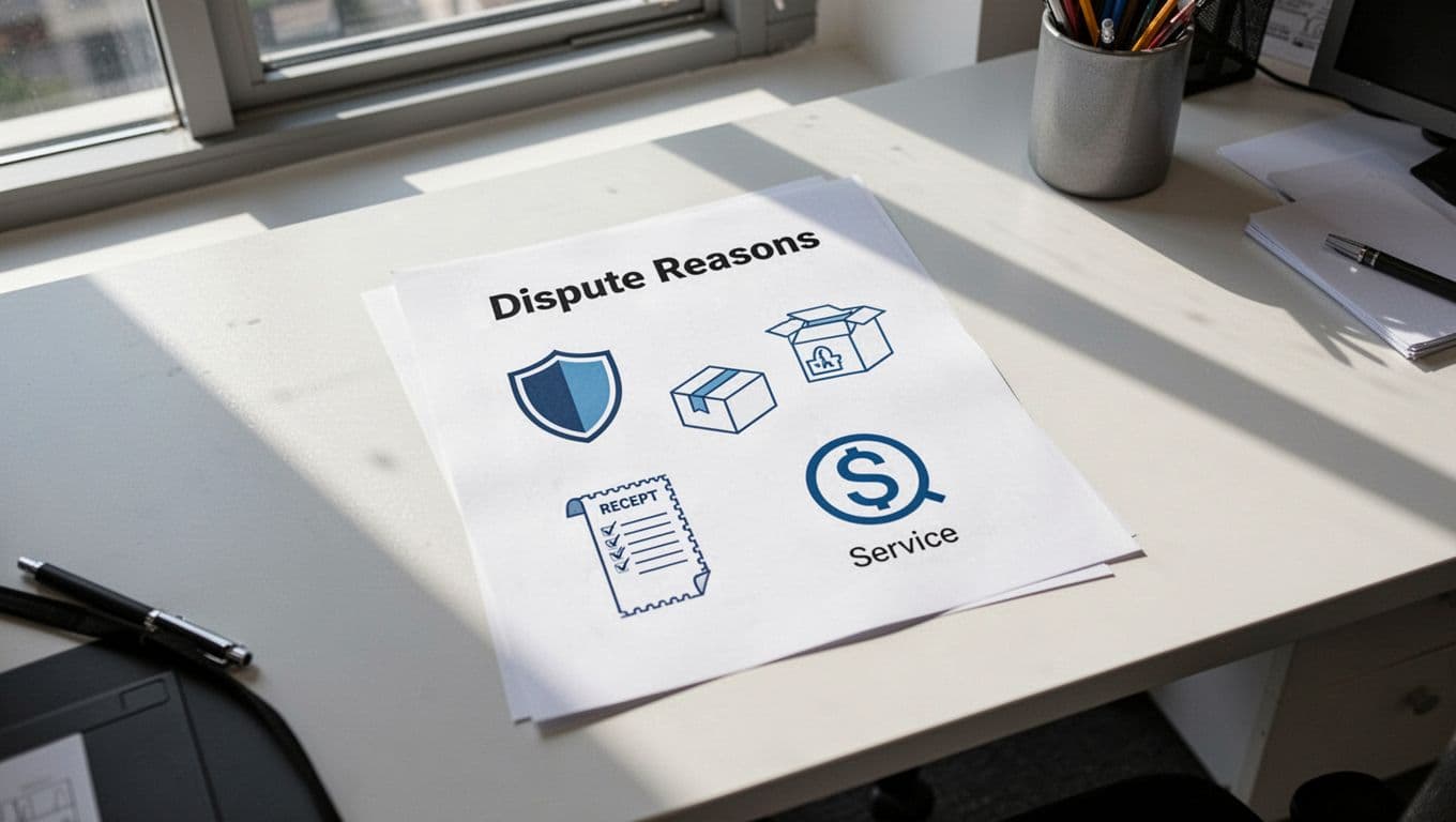 Top-down realistic photo of a clean office desk with a printed cheat sheet featuring icons for chargeback disputes like fraud shield, missing package, duplicate receipt, and service not as described, under natural daylight lighting with no text, people, or screens.