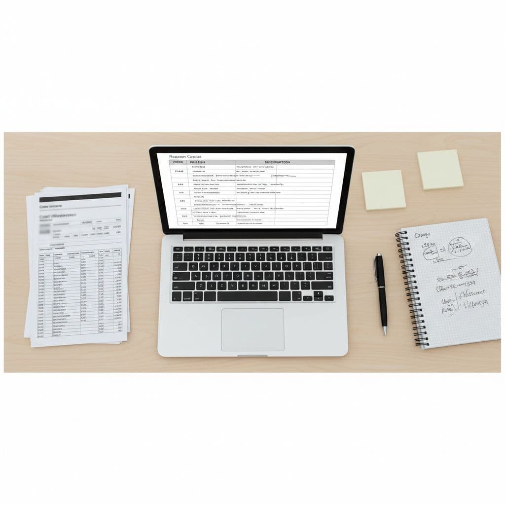 Top-down close-up of an organized workspace with credit card statements, laptop displaying reason codes like fraud and duplicate, notepad with notes, pen, realistic photography, even lighting, no people or readable text.