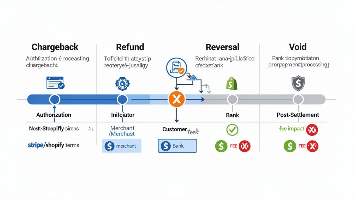 Clean, modern vector-style infographic comparing chargeback, refund, reversal, and void in payment processing on a horizontal timeline from authorization to post-settlement, including definitions, initiators, Stripe/Shopify terms, and fee impacts.
