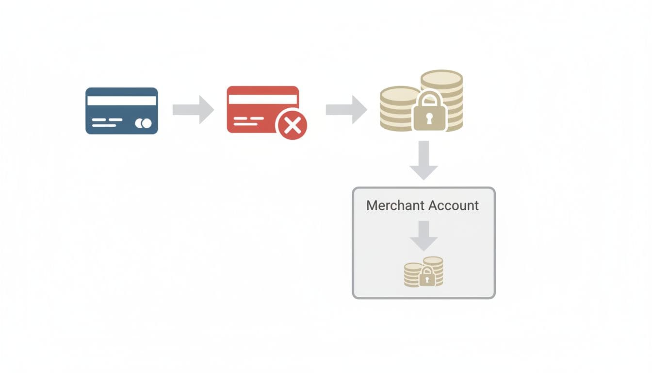 Infographic flowchart depicting customer purchase leading to chargeback, processor holding reserve from merchant account, with arrows connecting simple icons for credit card, dispute, and locked funds in neutral colors on white background.