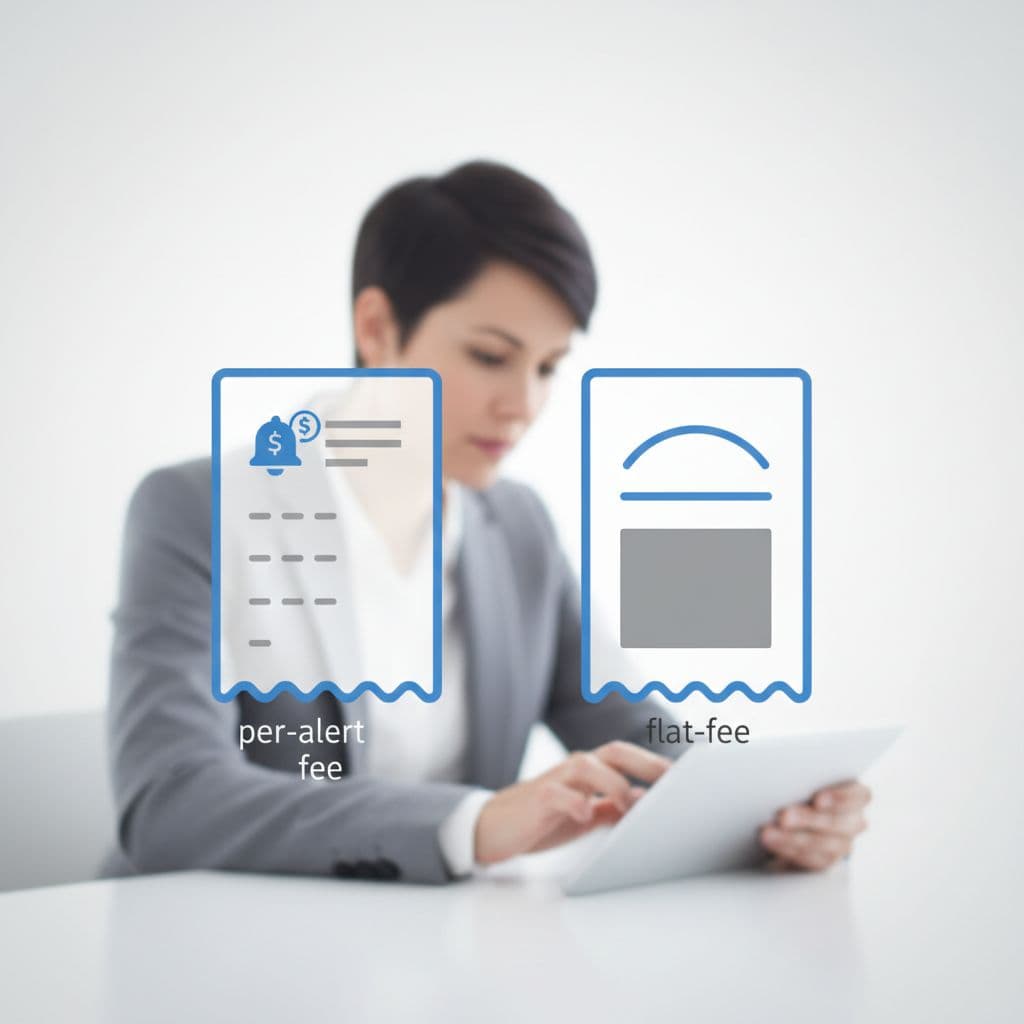 Two distinct billing icons are positioned side by side, featuring varying graphic shapes to illustrate pricing differences. A person holding a tablet remains softly blurred in the background of the scene.