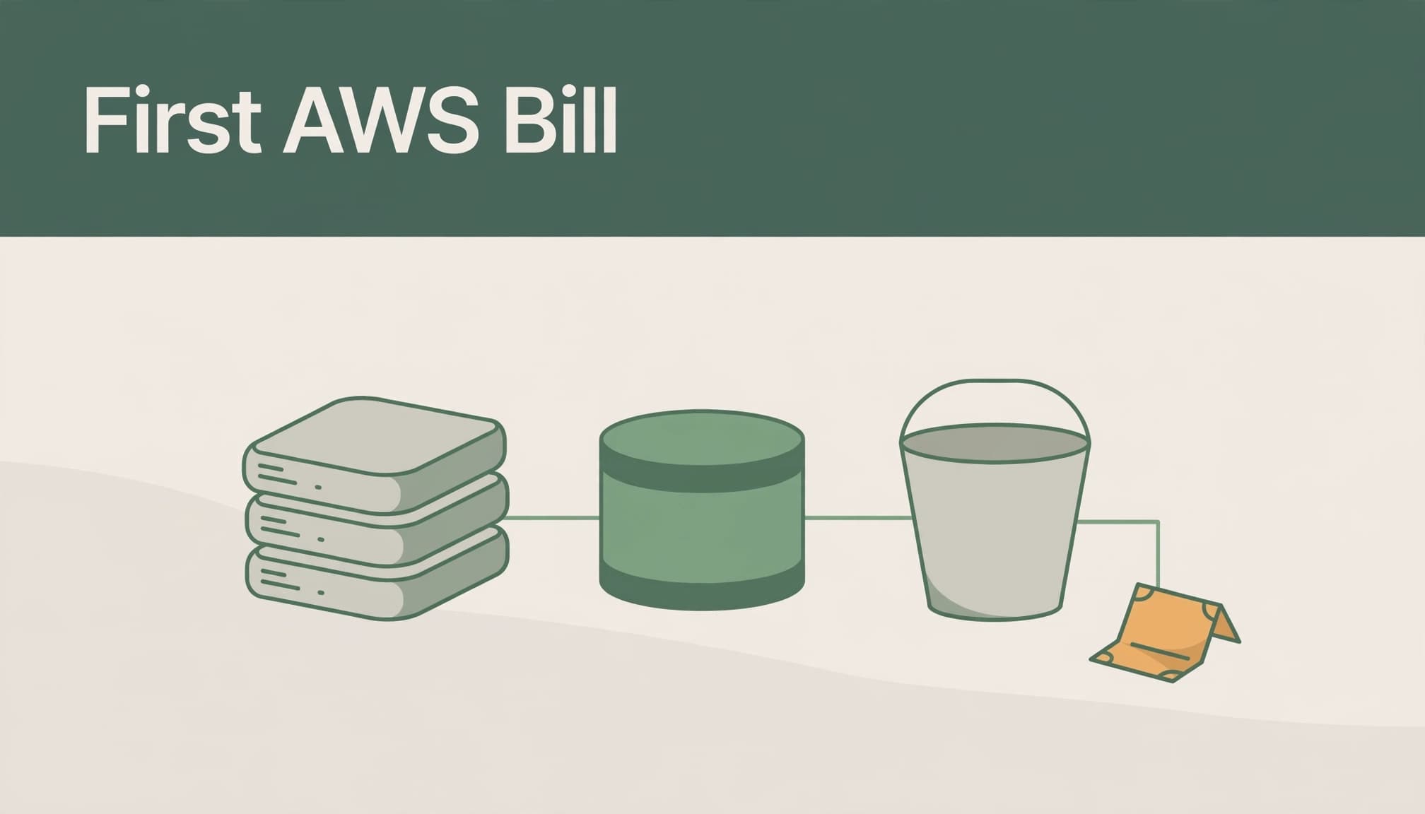 Editorial illustration with the headline First AWS Bill and a server stack, database, bucket, and billing slip.