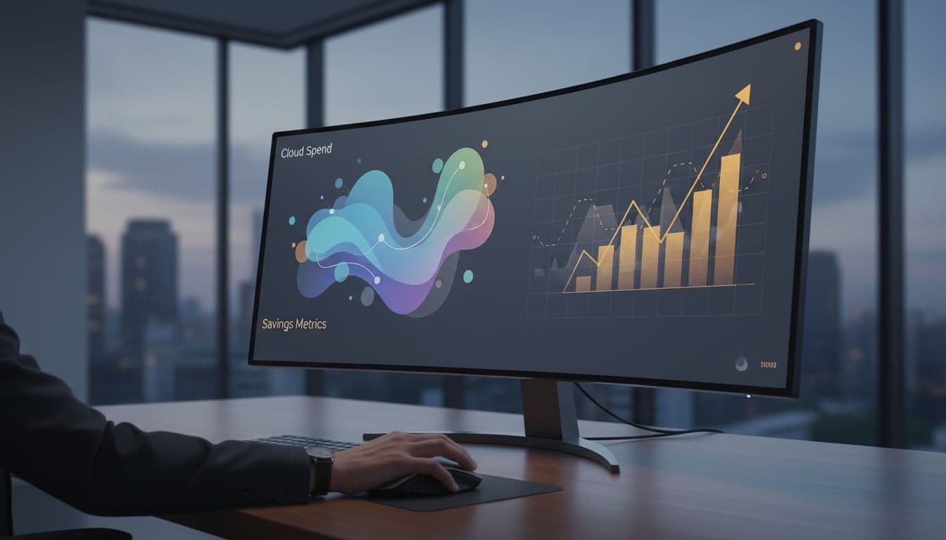 Curved monitor shows abstract cloud spend and savings graphs in soft colors, office with city view, hand near mouse.