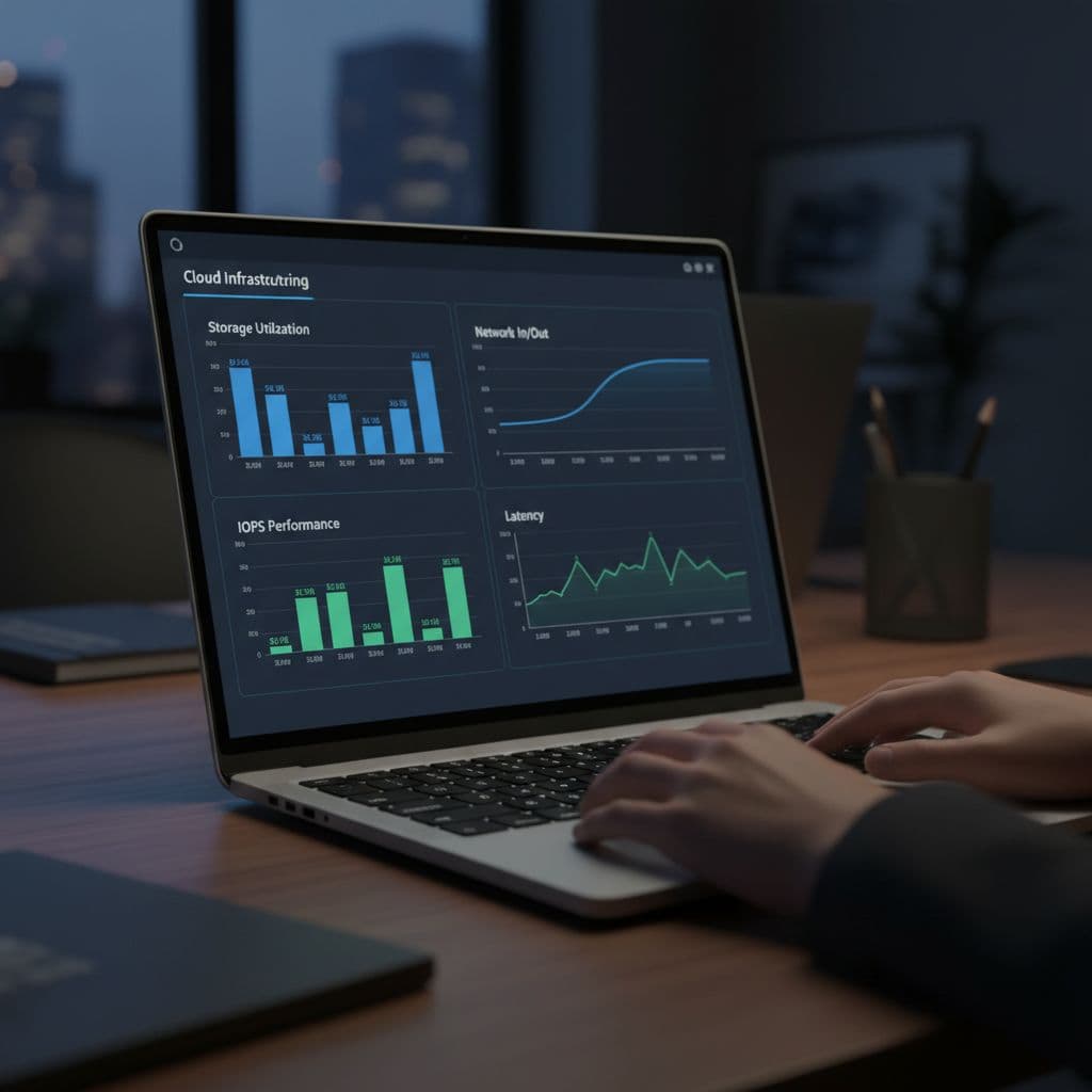 A professional laptop screen displays graphical charts showing network and storage performance metrics in a dim office.
