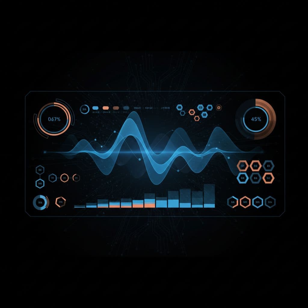 A modern digital dashboard displays abstract data visualizations for cloud computing infrastructure with glowing blue and orange lines.