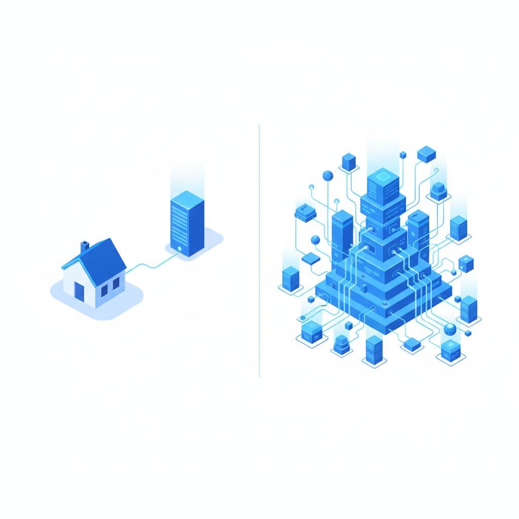 A split-screen vector graphic contrasting a simple residential server setup with a complex enterprise network architecture.