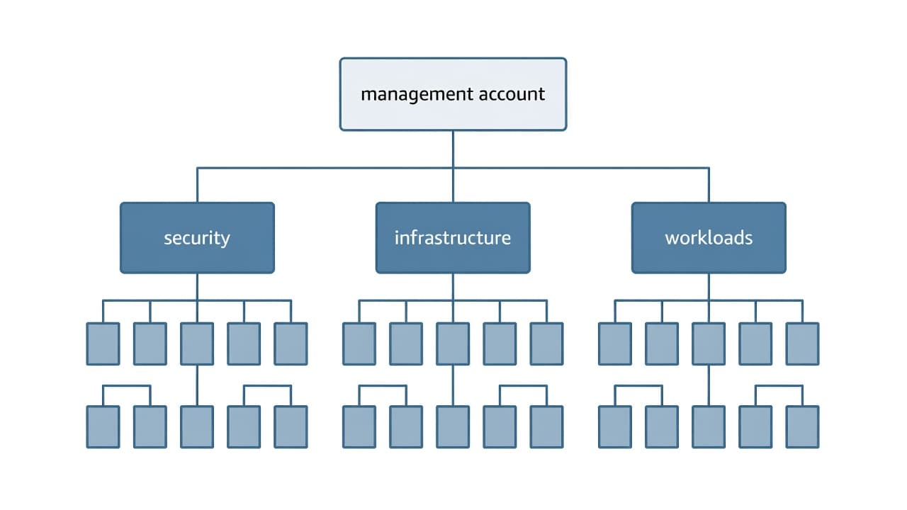 This diagram features a central management account branching into distinct organizational units. Each node is represented by clean, geometric shapes connected by precise lines to illustrate a professional cloud governance hierarchy.