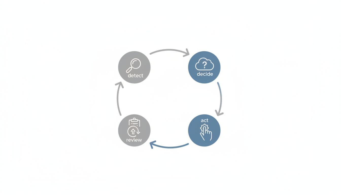A minimalist circular diagram showing a four-step cyclical workflow with soft blue and grey icons.