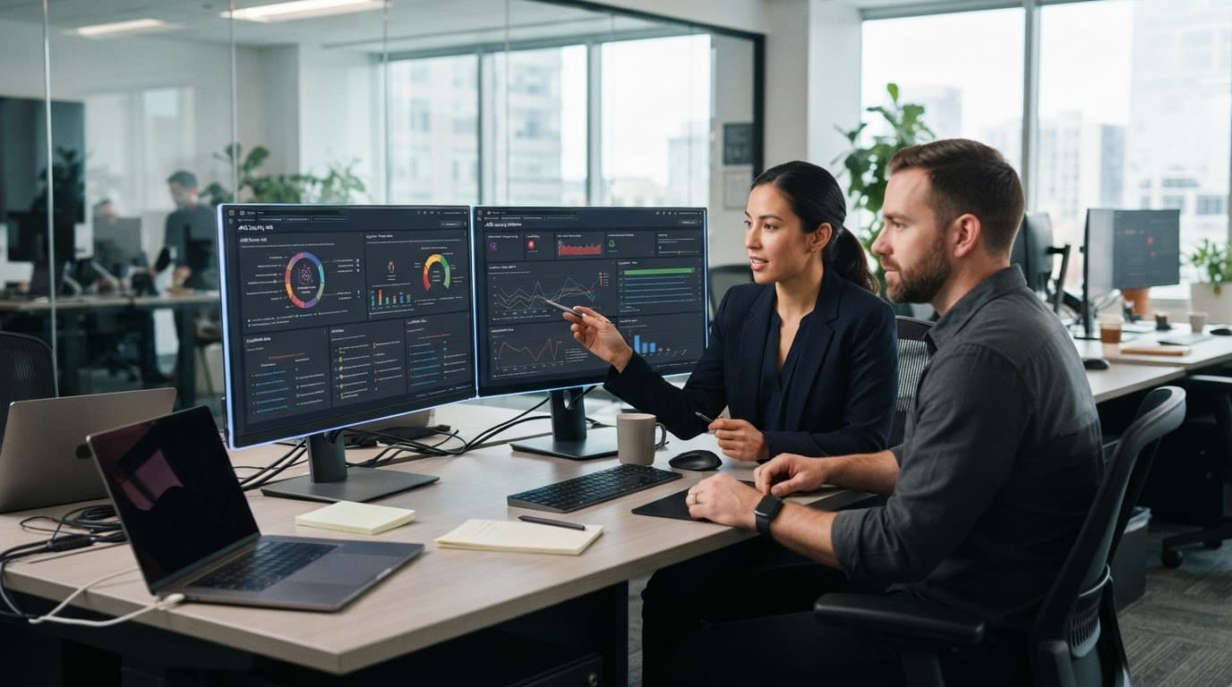 Two IT professionals review security dashboards on monitors in a bright modern office.