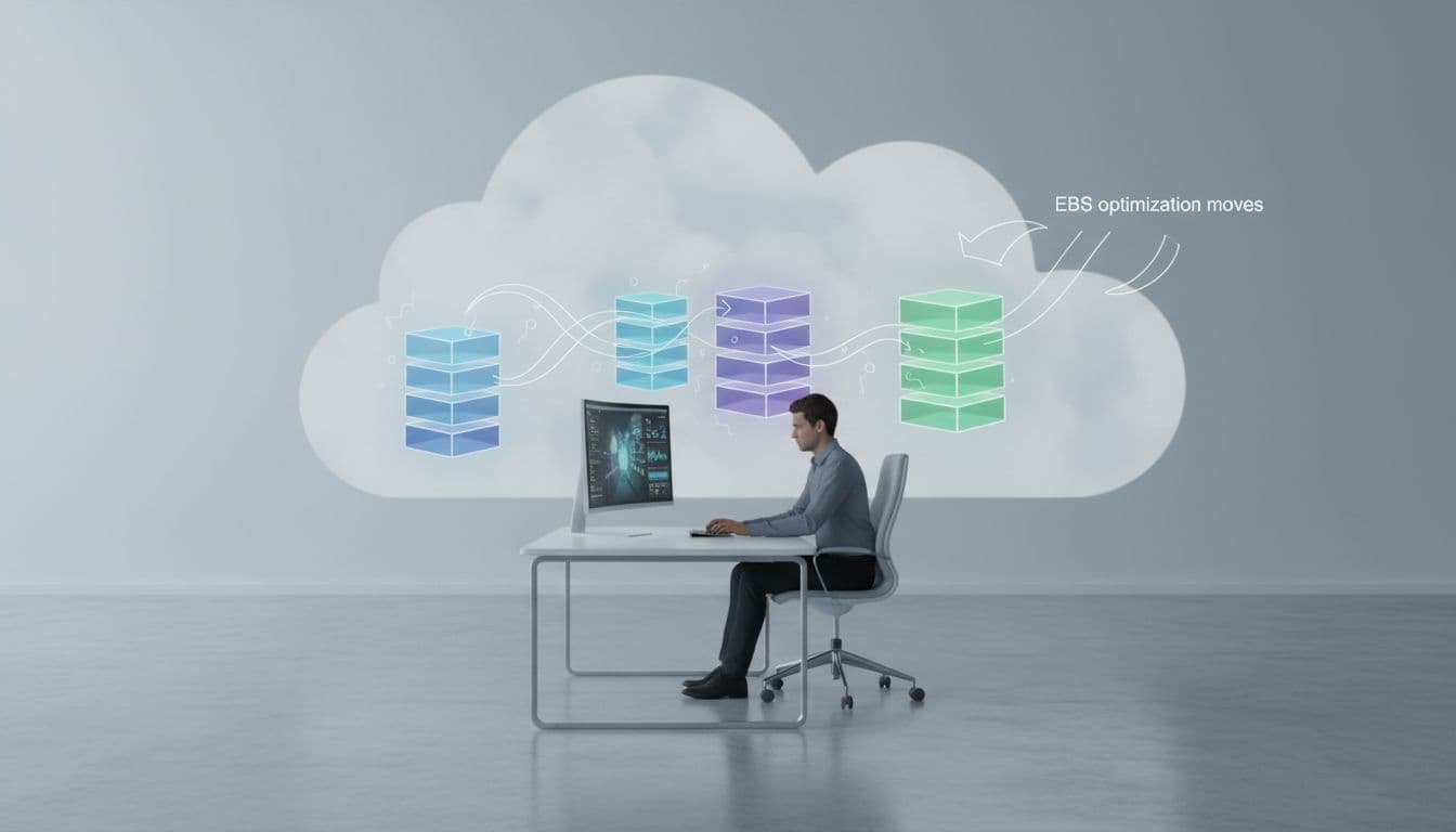 A person works at a desk while digital blocks represent cloud storage optimization in a minimalist space.