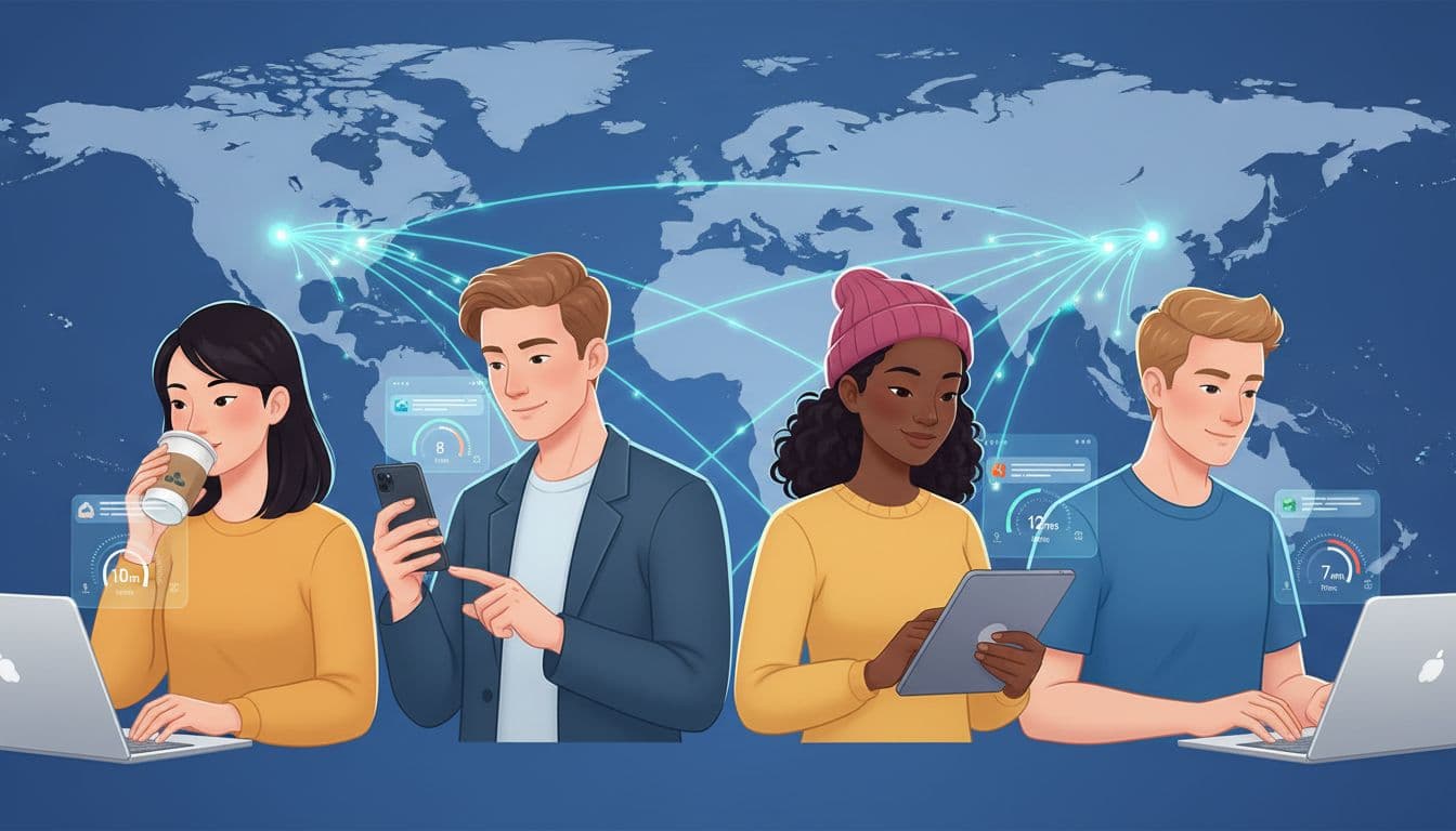 Diverse users in global cities like New York, London, Tokyo, and Sydney engage with AI chat apps on laptops and phones, featuring speed indicators for low latency from nearby Cloudflare edge nodes against a world map background with glowing connections.
