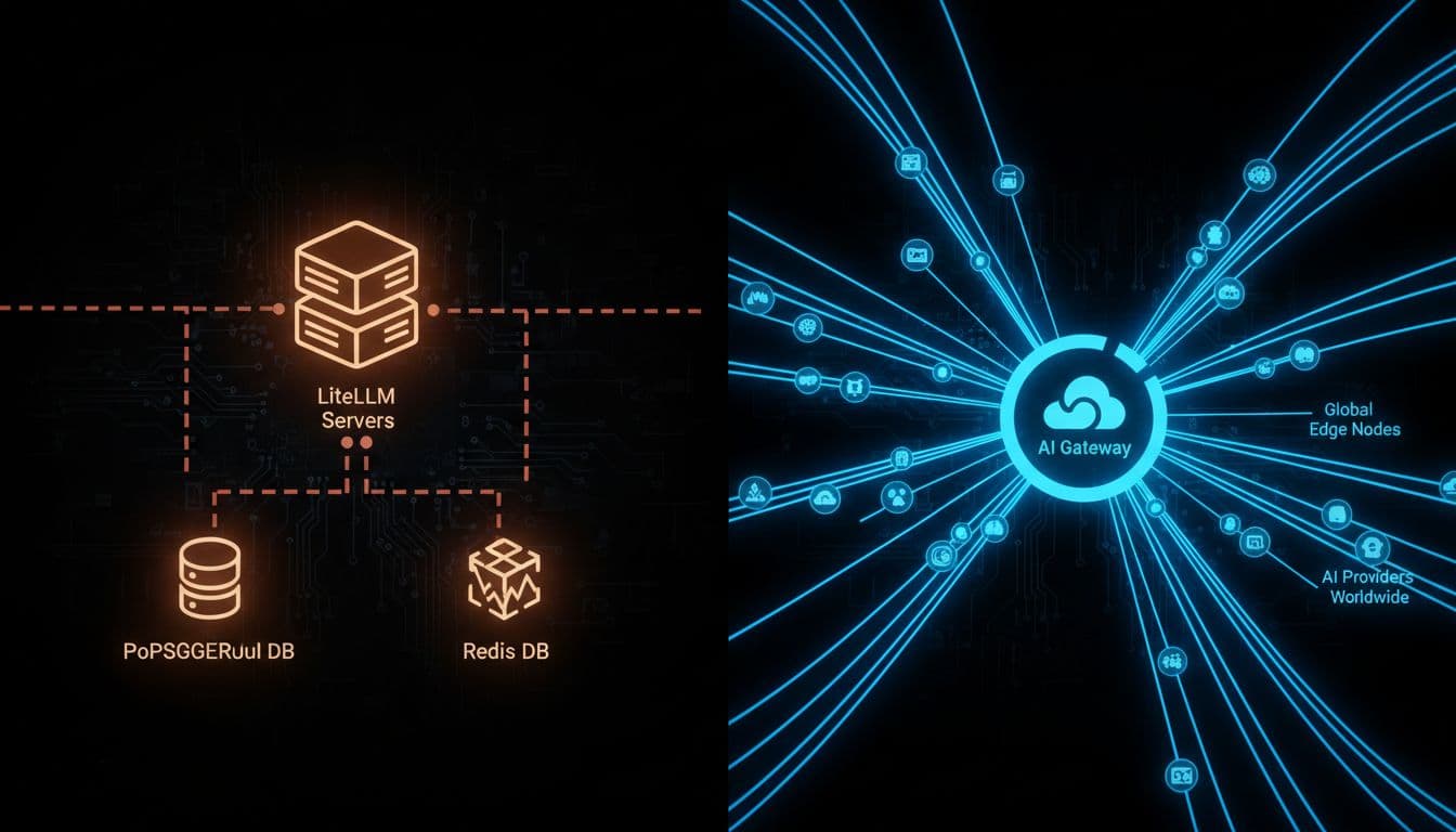 Split composition: left side depicts self-hosted LiteLLM setup with central servers, PostgreSQL, and Redis databases connected by slower lines; right side shows Cloudflare AI Gateway with global edge nodes and fast blue glowing lines to worldwide AI providers, in a dark technical network diagram style with precise icons, high contrast lighting, no text or people.