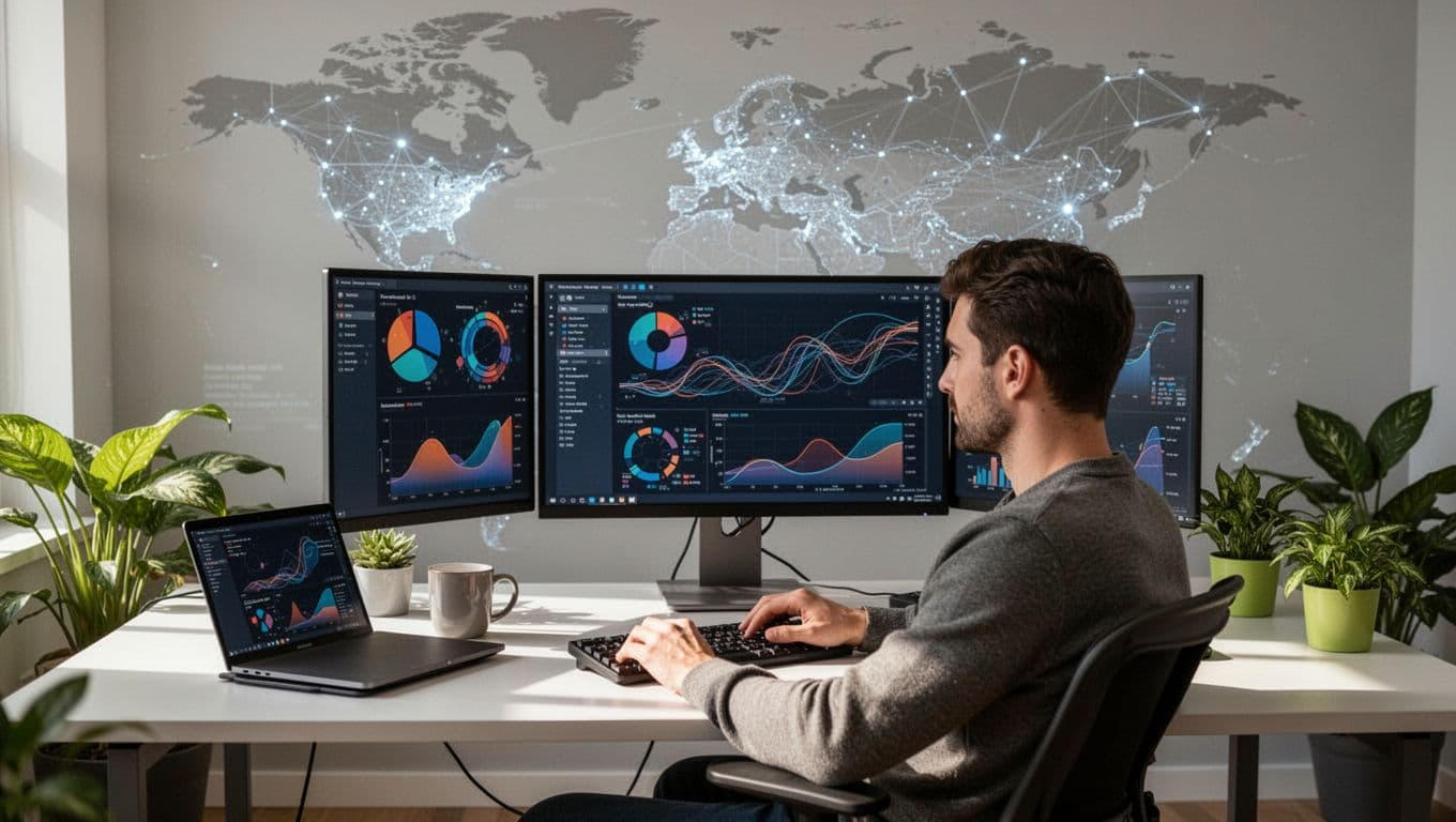 Office scene featuring a developer at a modern desk checking DNS analytics on dual monitors, with a coffee mug, plants, and a faint global anycast network map overlay in the background.