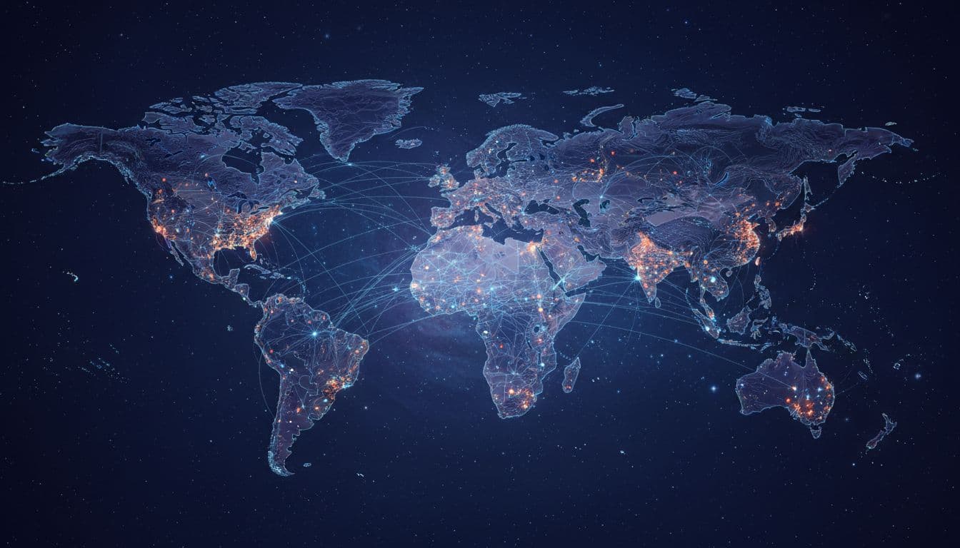 World map on dark space background with glowing dots for data centers across continents, connected by light blue network lines.