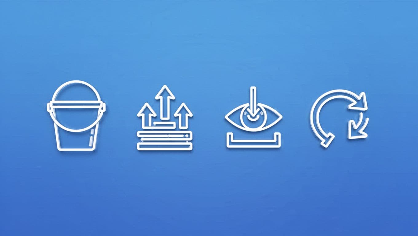 Four icons in a row on gradient blue background: storage bucket, upload arrow stack, download icons, infinite loop arrow.
