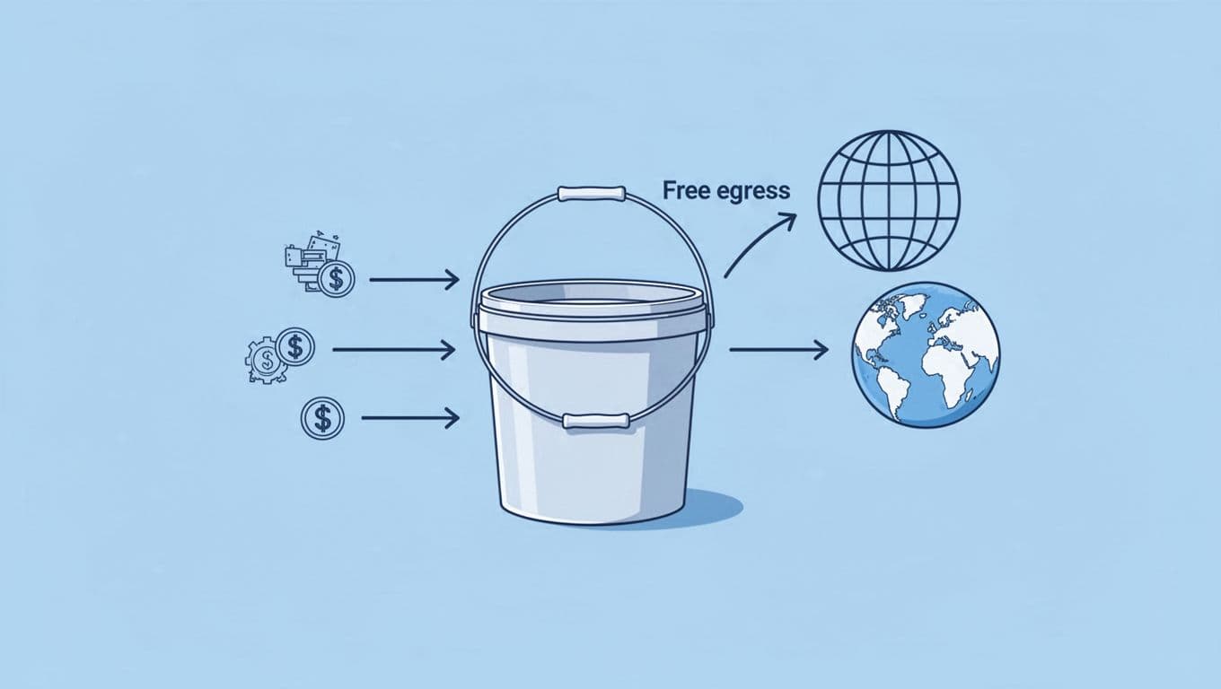 Flowchart diagram with central R2 bucket, incoming Class A upload arrow with cost, storage label, outgoing Class B read arrow with cost, and free egress to globe.