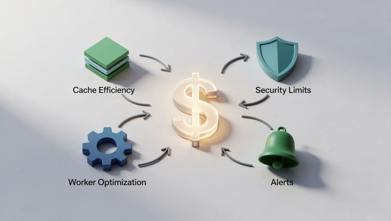 Icons for cache hit ratio, WAF rate limiting, Workers optimization, alerts, and plan review with arrows to central decreasing dollar sign.
